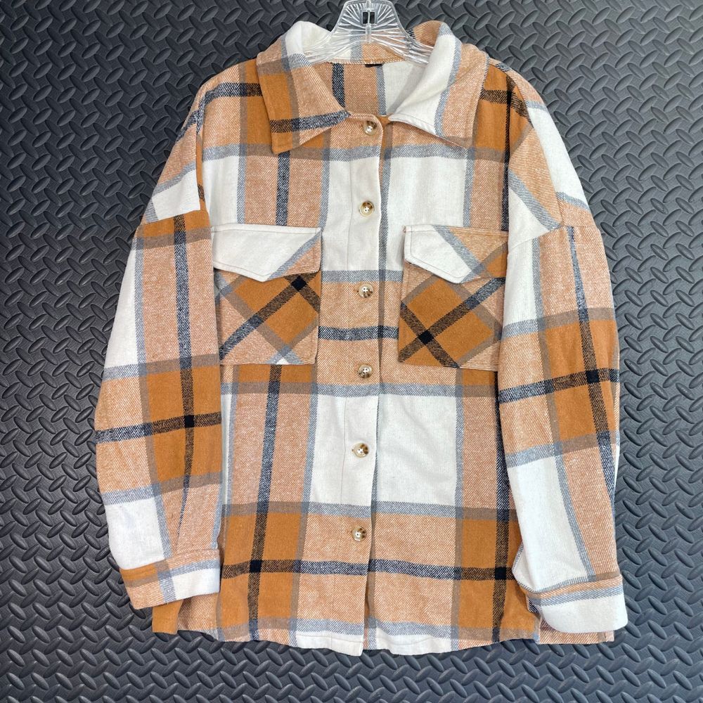 SHEIN‎ Shirt Jacket Flannel Women's Size 1XL Brown Plaid Button Up Relaxed Fit